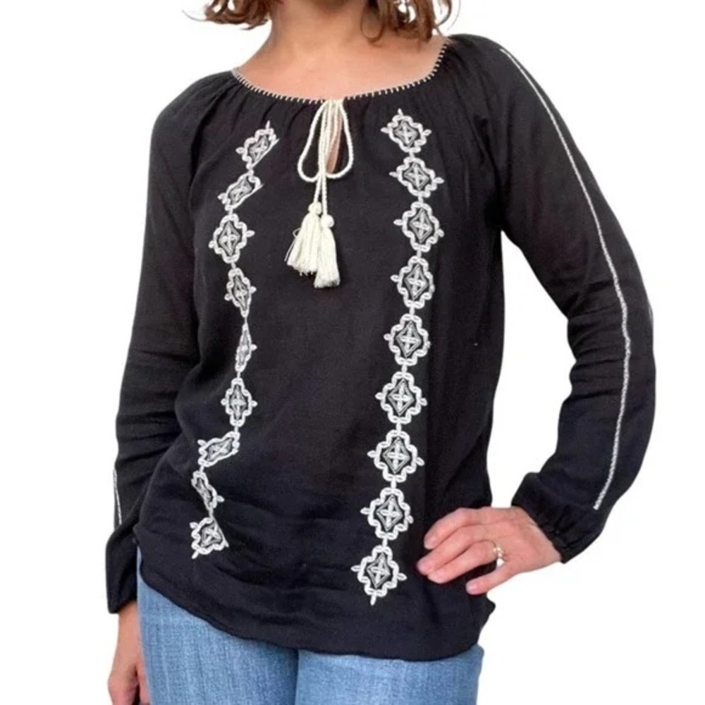 Lucky Women’s Black and White Boho Long Sleeve Peasant Top Medium